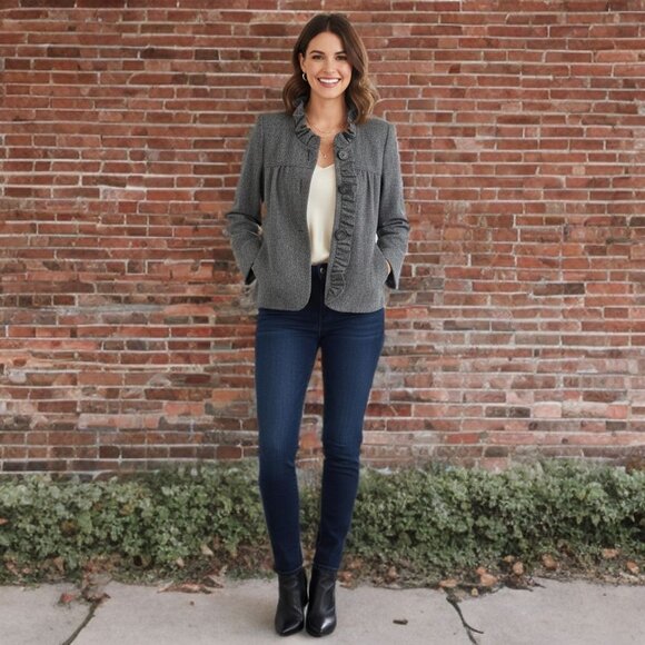 J.Crew Vintage Tweed Ruffle Wool Blazer Button Up Jacket Herringbone Lined 8 - Picture 2 of 12